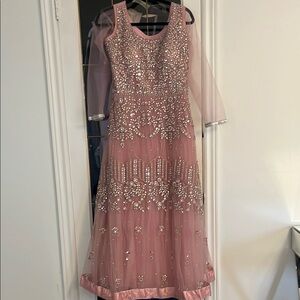 Pink Embellished Gown with Sheer Sleeves